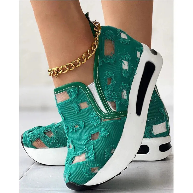 Ashore Shop womens Wedge Shoes Sequin Mesh Breathable Shoes Women Gold Silver Platform Sneakers