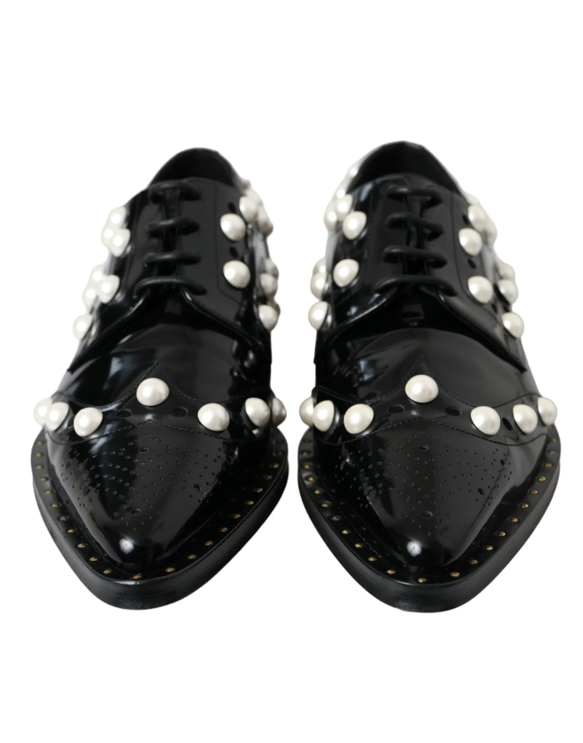 Black Leather Faux Pearl Dress Broque Shoes