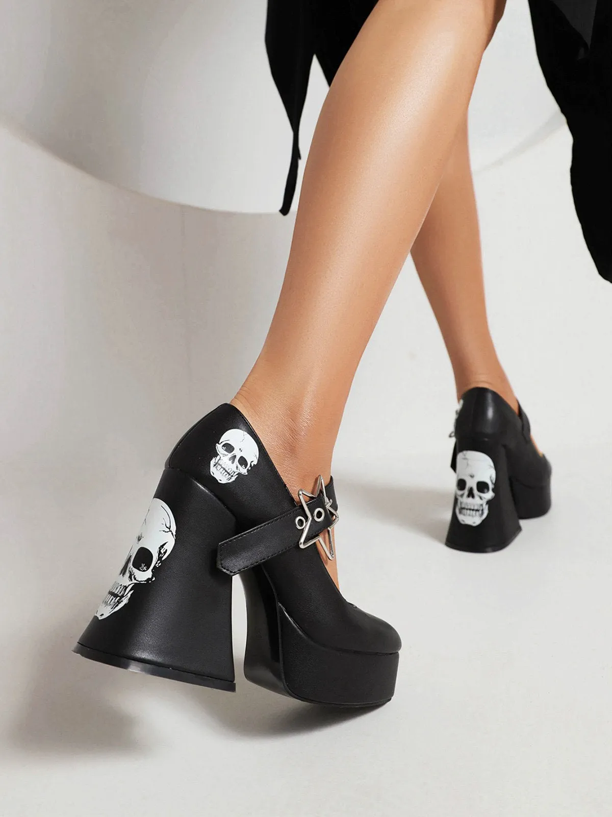 Black Skull Buckle Strap Platform Chunky Shoes