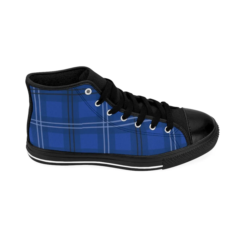 Blue Plaid Women's High-top Sneakers, Tartan Print Ladies' Fashionable Tennis Shoes (US Size: 6-12)