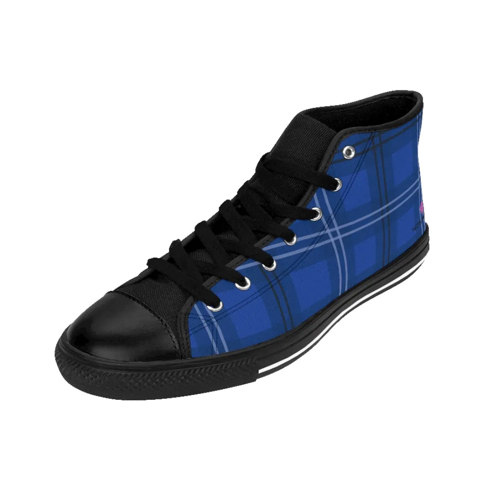 Blue Plaid Women's High-top Sneakers, Tartan Print Ladies' Fashionable Tennis Shoes (US Size: 6-12)