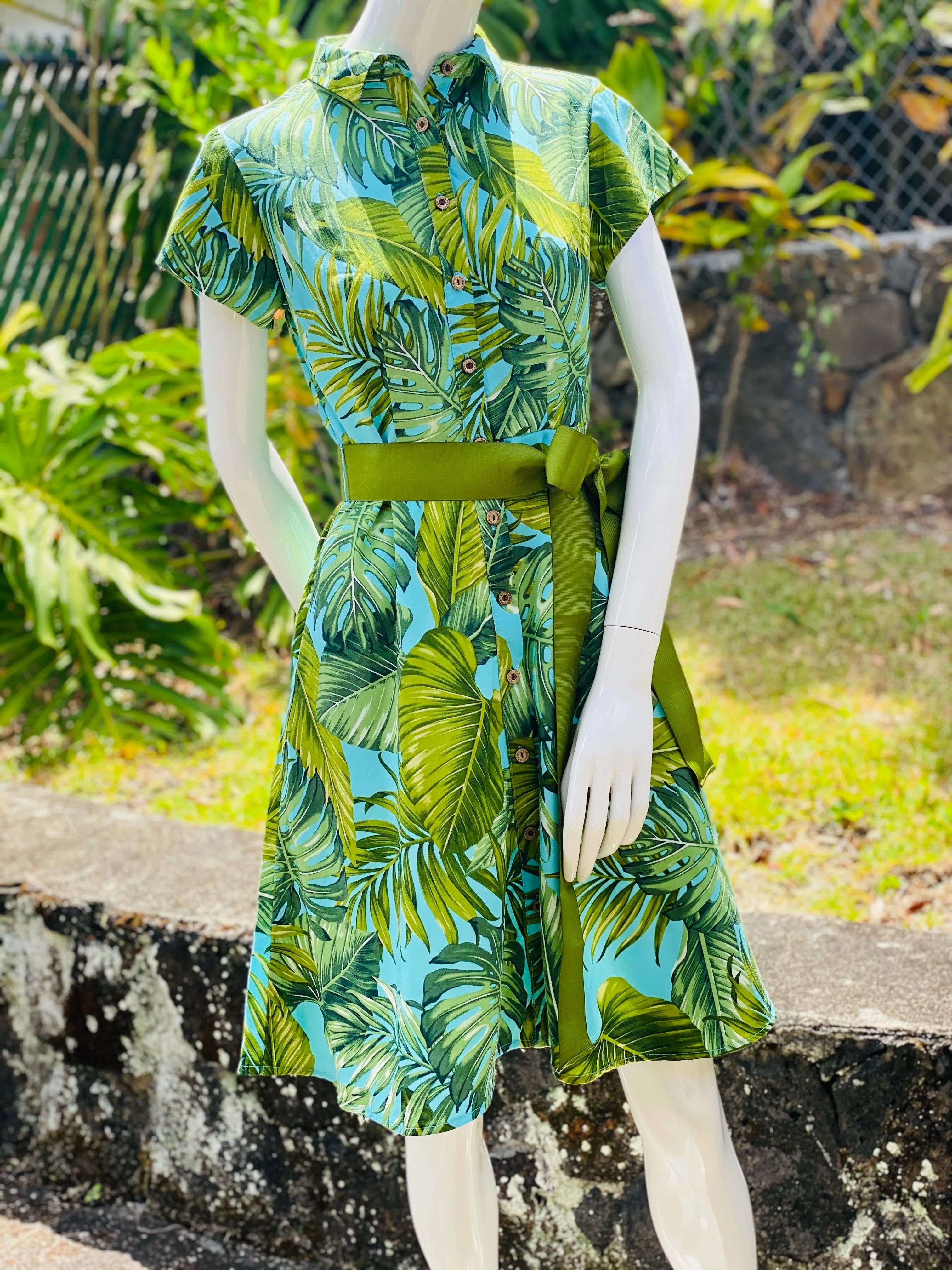 Cora Spearman Hawaii WOMENS Monstera 21 Turquoise Aloha Shirt Dress