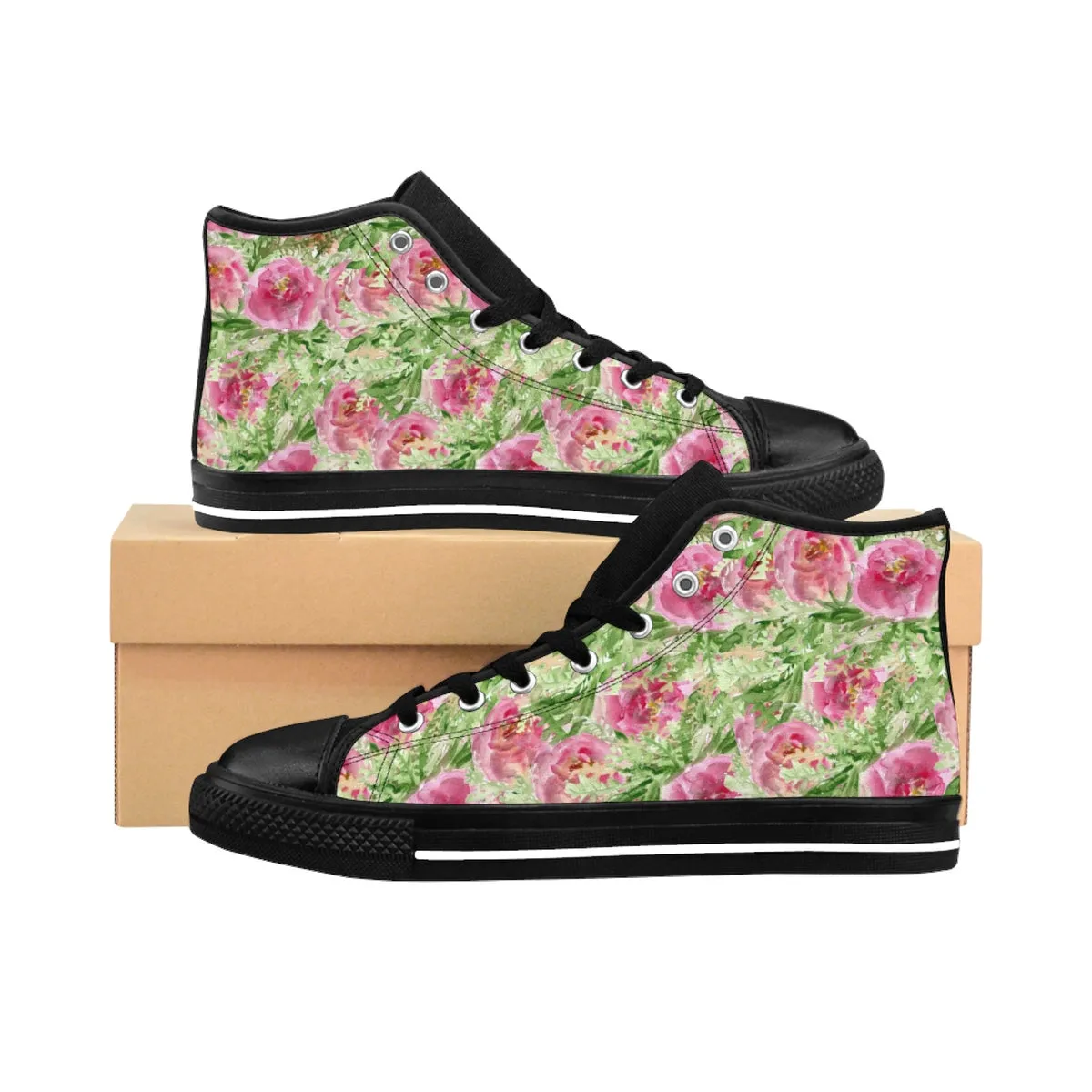 Garden Rose Floral Women's Sneakers, Pink Designer High Top Sneakers Running Shoes