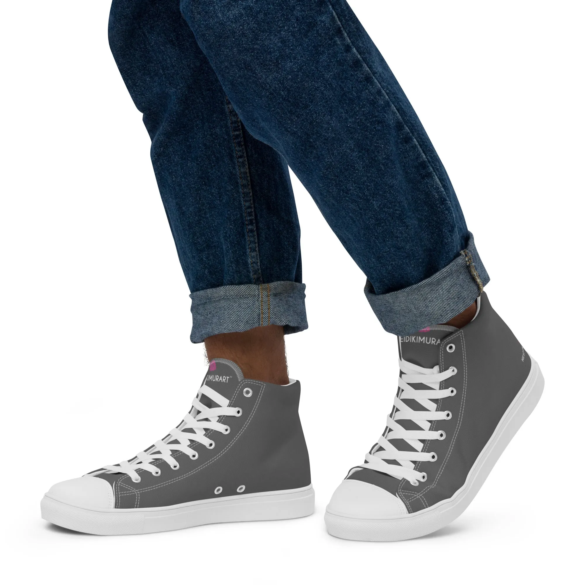 Grey Color Men's High Tops Shoes, Solid Dark Grey Color Men’s High Top Canvas Sneaker Shoes (US Size: 5-13)