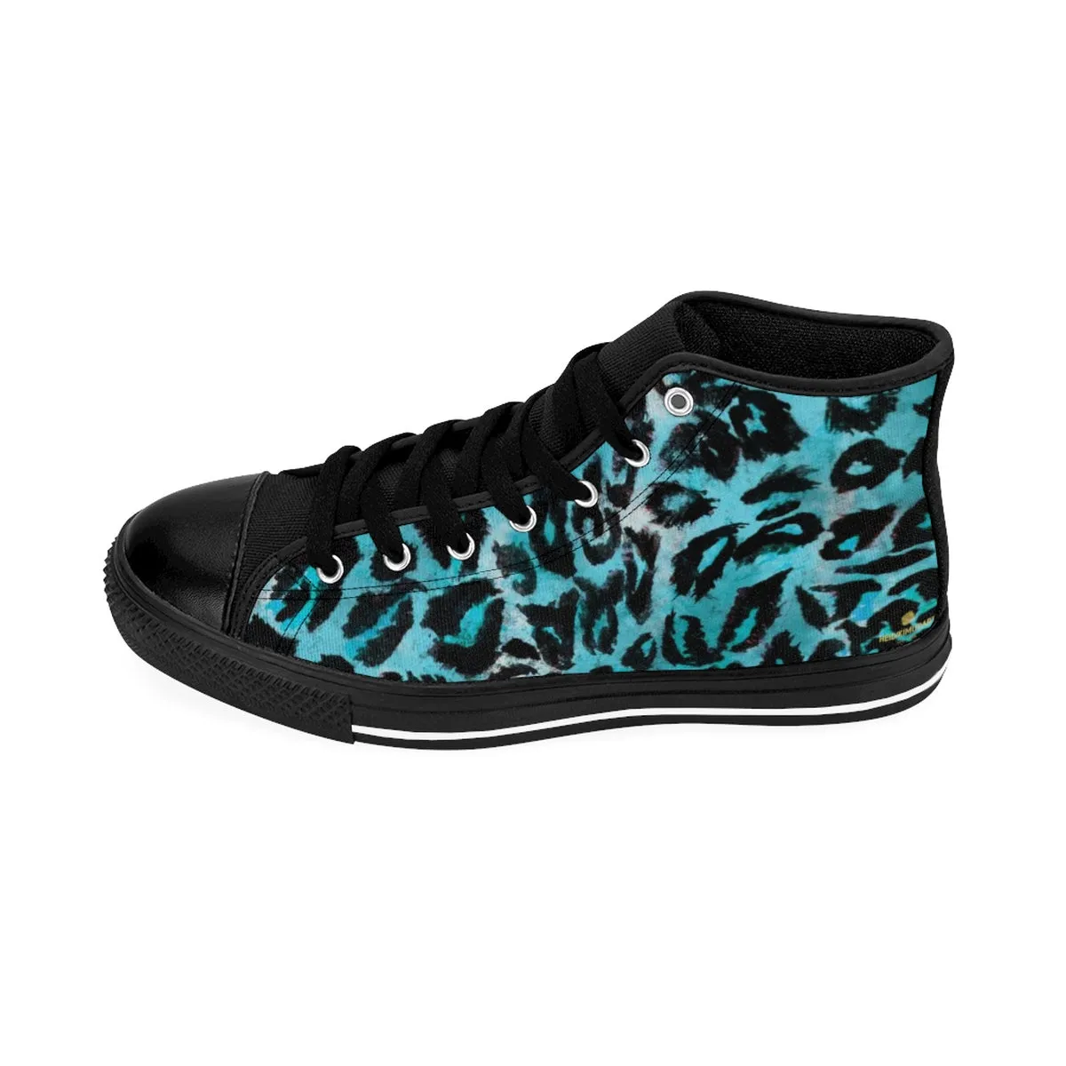 Ocean Blue Leopard Men's Sneakers, Animal Print Premium High-top Fashion Sneakers Shoes