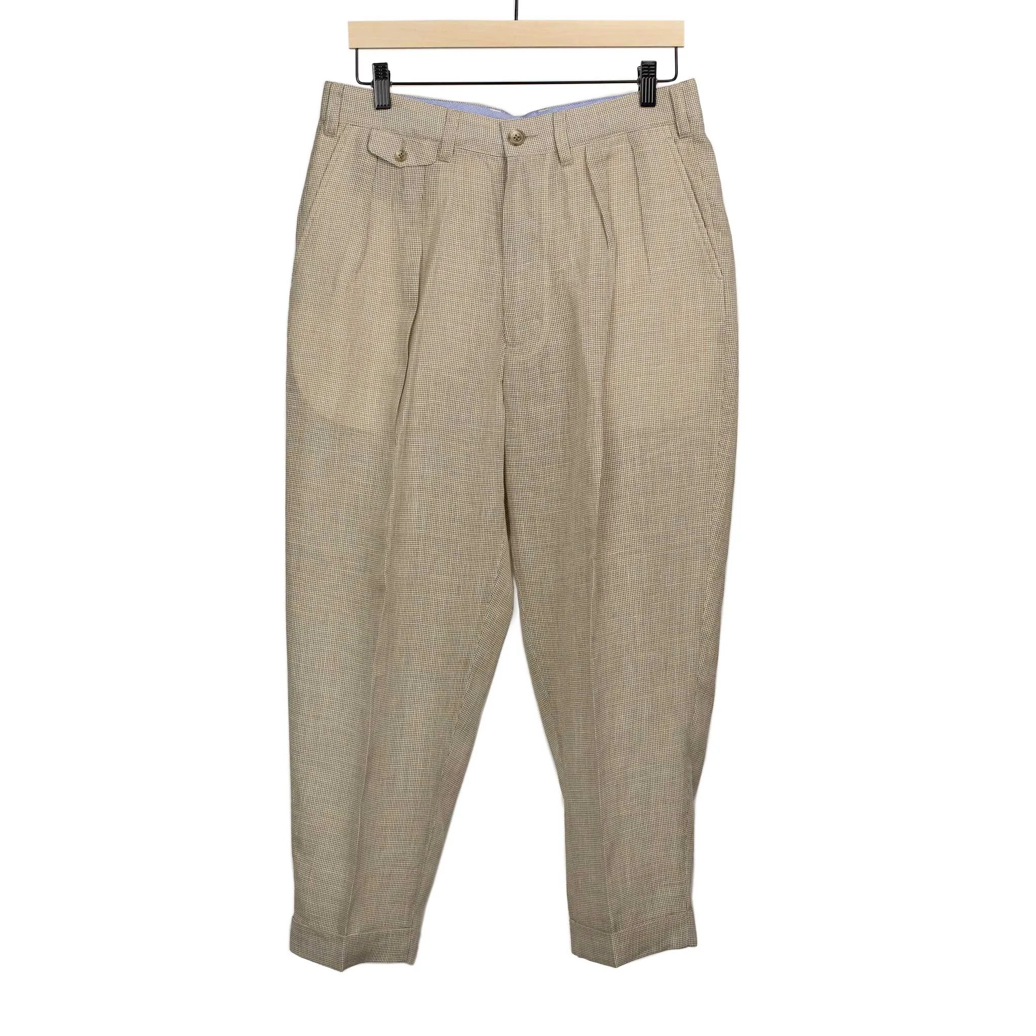 Pleated tapered trousers in ivory houndstooth linen and cupro