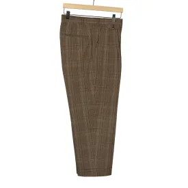 Pleated trousers in brown check cotton wool linen