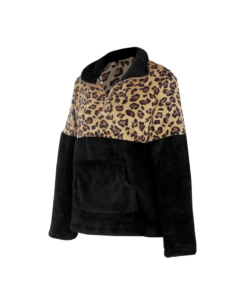 Quarter Zip Fleece Sherpa Pullover Womens Contrast Color Animal Print