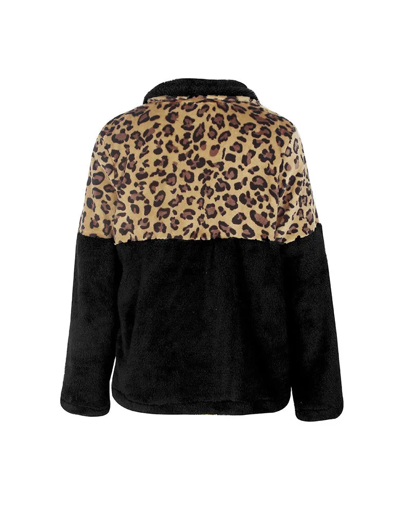 Quarter Zip Fleece Sherpa Pullover Womens Contrast Color Animal Print