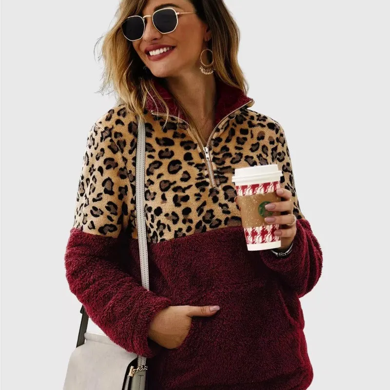 Quarter Zip Sherpa Pullover Fuzzy Fleece in Burgundy X LeoPard