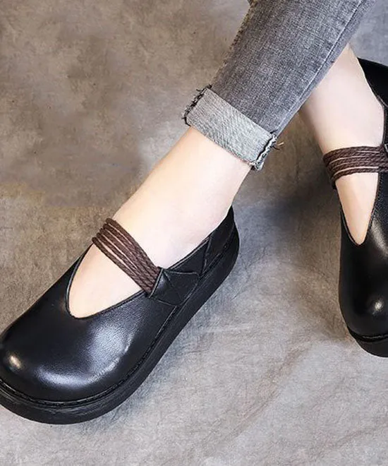 Women Buckle Strap High Wedge Heels Shoes Black Cowhide Leather