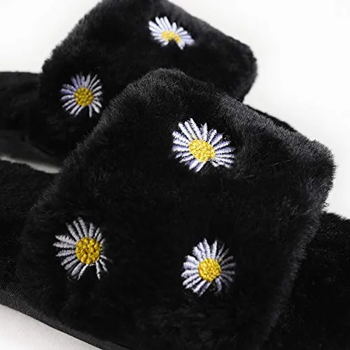 Women's Furry Slippers Fluffy Fur Slippers Daisy Open Toe House Slippers(Black,7.5-8)